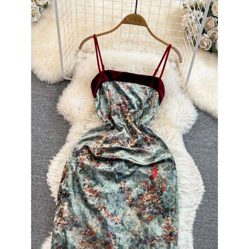 Retro Chinese Velvet Split Sling Dress Tube Top