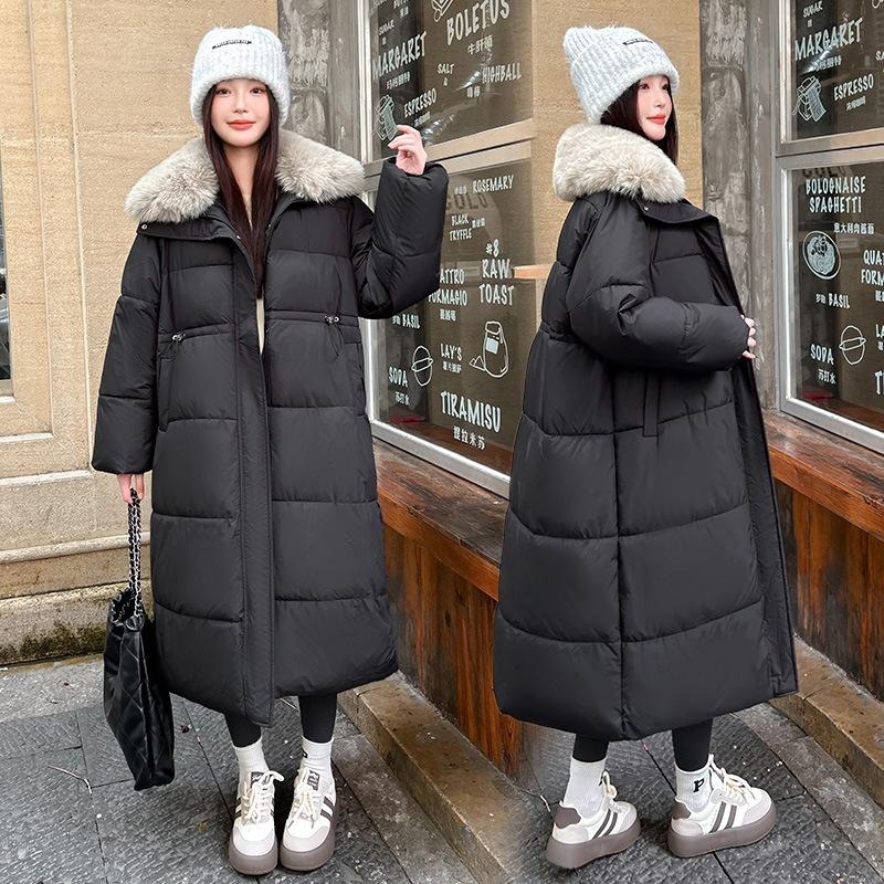 Women's Hooded Puffer Coat Faux Fur Collar Drawstring Waist Long Sleeve Thickened Winter Cotton Coat