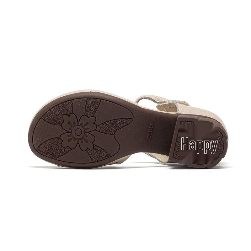 2026 Summer Women's Chunky Heel Leather Sandals - Soft Sole, Retro Hollow-Out Design