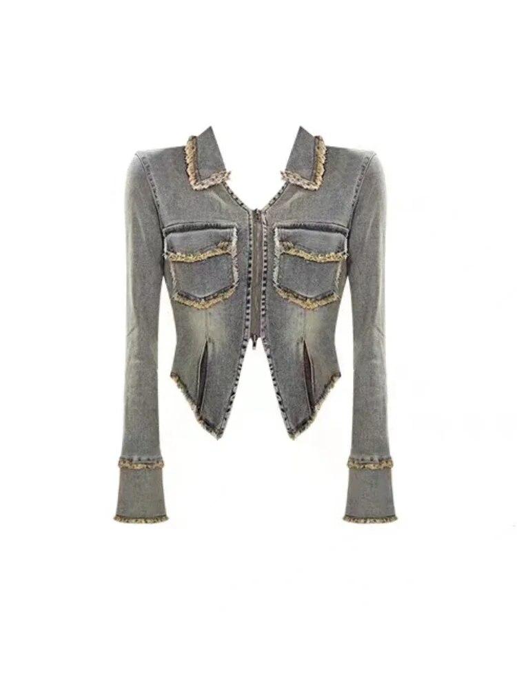 Korejská móda 2024 Y2k Denim 2dílná sada Dámské Topy na zip s dlouhým rukávem + mini plisované sukně Dámské retro kapsy Design Ležérní obleky do ulice