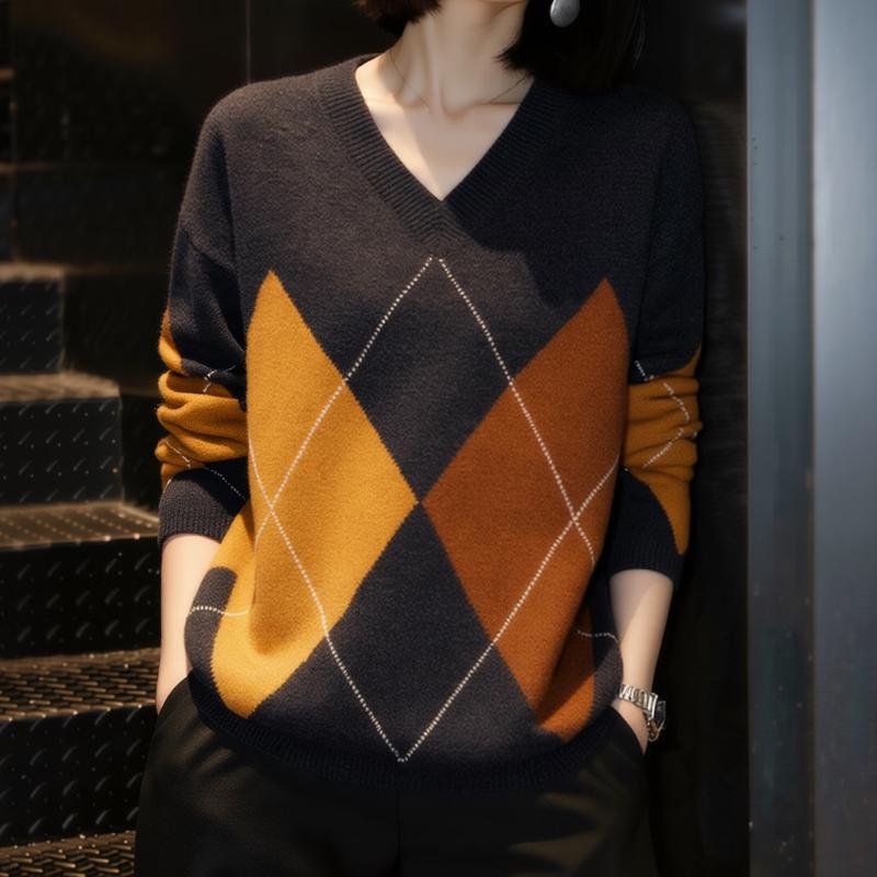 ZOSOUL Women's Argyle Wool V-Neck Pullover Sweater