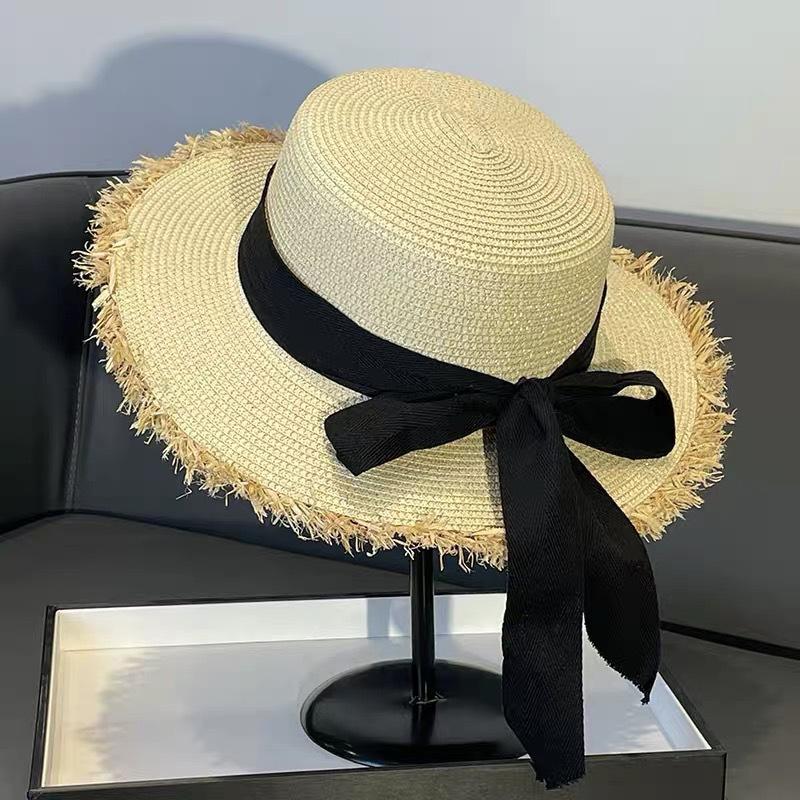 New French Flat-top Straw Hat Women's Big Head Circumference Seaside Beach Top Hat Woven Sun Hat Summer