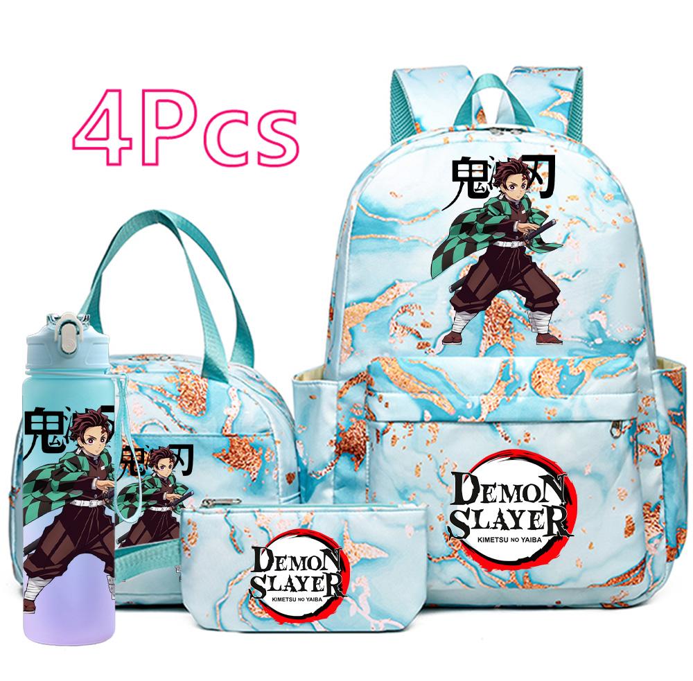 4-teiliges Set mit aufgedrucktem Demon Slayer-Cartoon-Rucksack, Handtasche, Federmäppchen und 750-ml-Trinkflasche für Teenager (Jungen und Mädchen) – große Kapazität, wasserdichter Schulrucksack