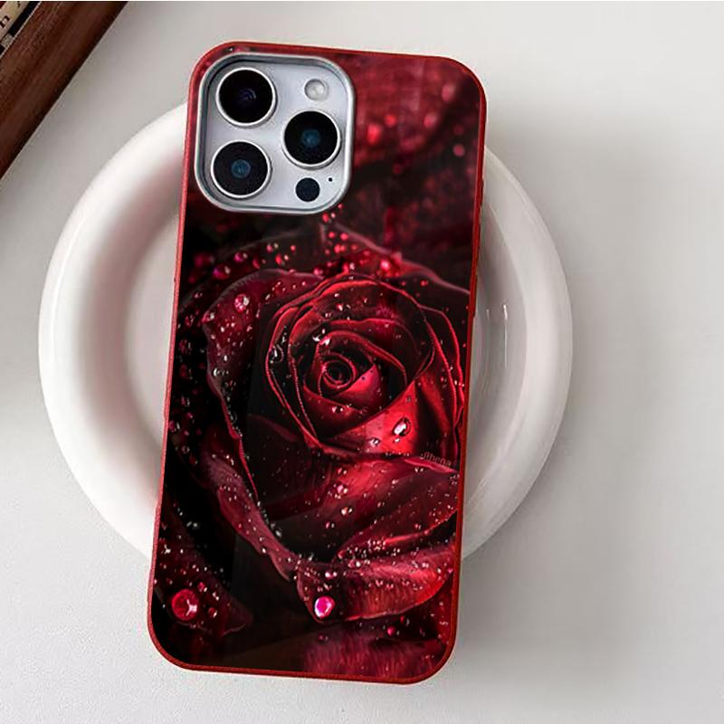 Elegante Rote Rose Regentropfen Muster Weiche Handyhülle für iPhone 17 16 Pro Max 16E 15 14 13 12 11 XS XR 7 8 Plus 1 Air Mattes Cover