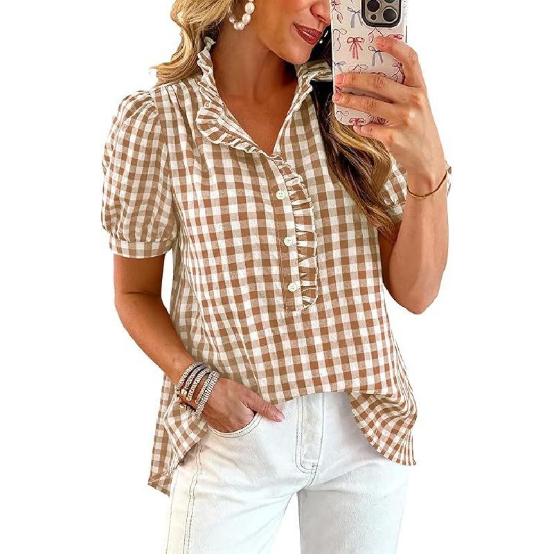 2026 Summer Top Striped Plaid Ruffle Puff Short Sleeve V-Neck Button Women's Casual Shirt