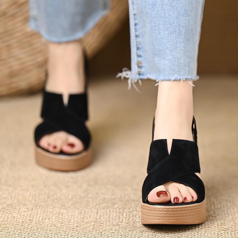 

Fashion Sandals Women 2025 Summer Comfortable Solid Breathable Knitted Mesh Thick Wedge Heel Sandals Outdoor Female Shoes Sandalias 35