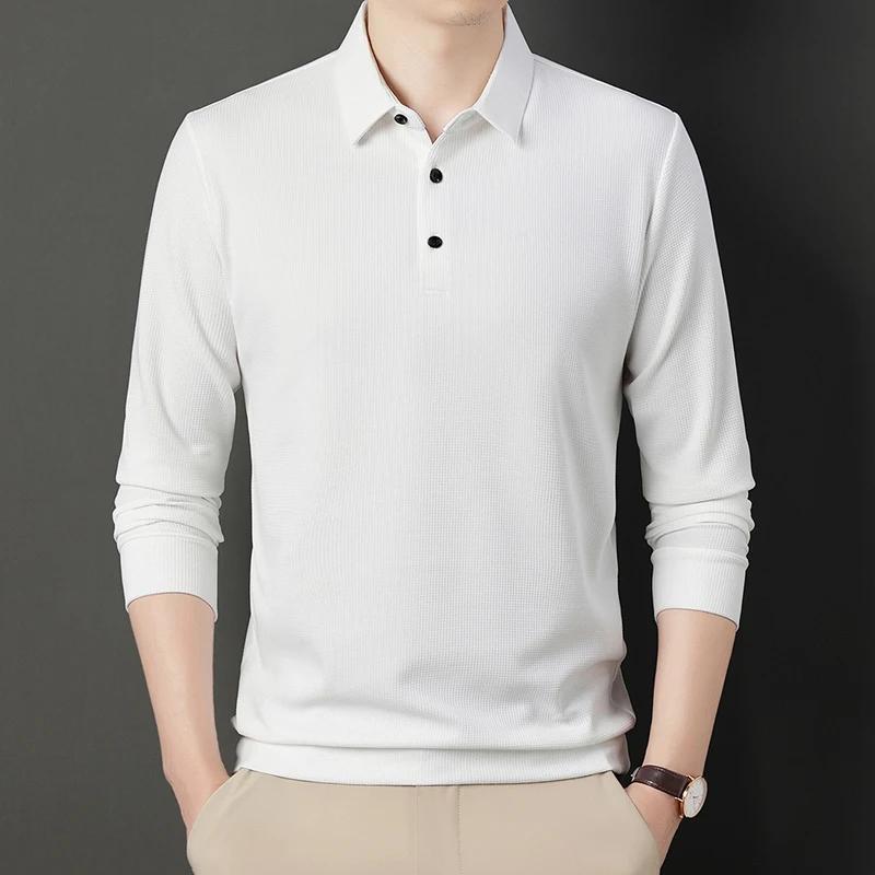 Spring Autumn Waffle Men's Long-sleeved Polo Shirt Business Casual Slim Top Classic Solid Color Male Brand Tees