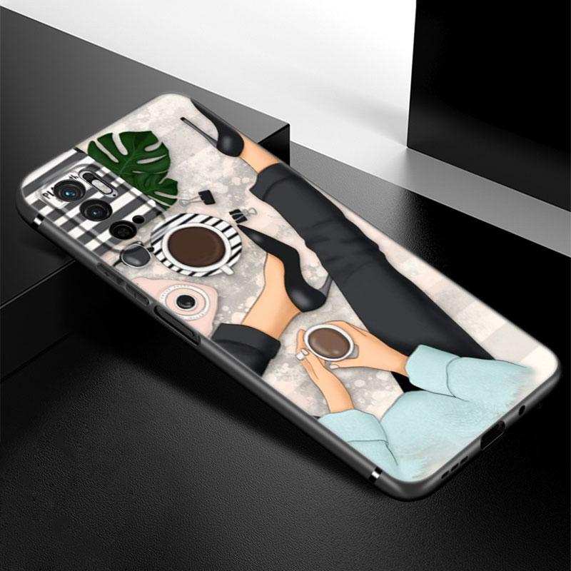 Girl Coffee Female Phone Case For Xiaomi Redmi Note 7 8 9 10 Lite 11 11E 11T 12 Pro 11S 4G 10T 5G 8T 9S 10S Soft TPU Black Cover