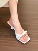 High heels women's summer 2025 new French pink bow sandals one-word stiletto square head outer slippers