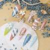 Long Almond False Nails With Blue Cat Eye Shell Wave Floral Design Handmade Women Beach Style