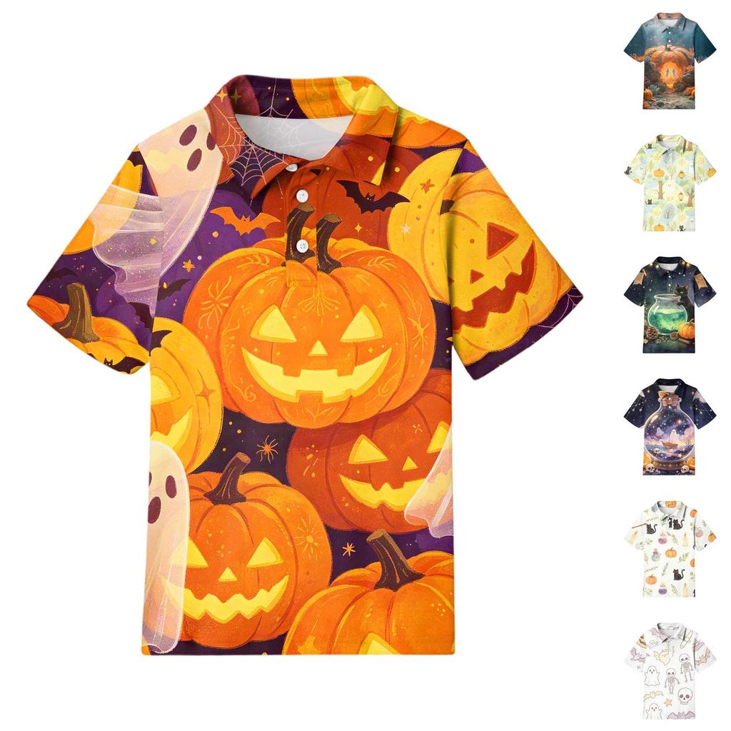 Kids Halloween Print Polo Shirt Short Sleeve Casual Top with Button Collar for Boys and Girls Comfortable Fit Lightweight Fabric