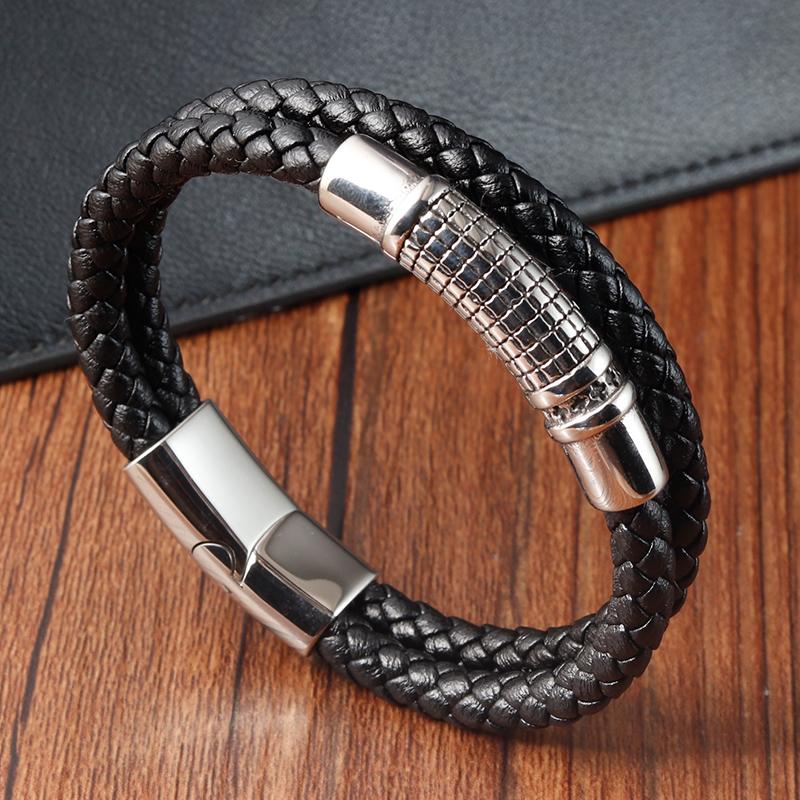 

Stainless Steel Men Charm Genuine Leather Bracelets Classic Fashion Accessories Handmade Jewelry Wholeasle For Boyfriends Gifts 21cm