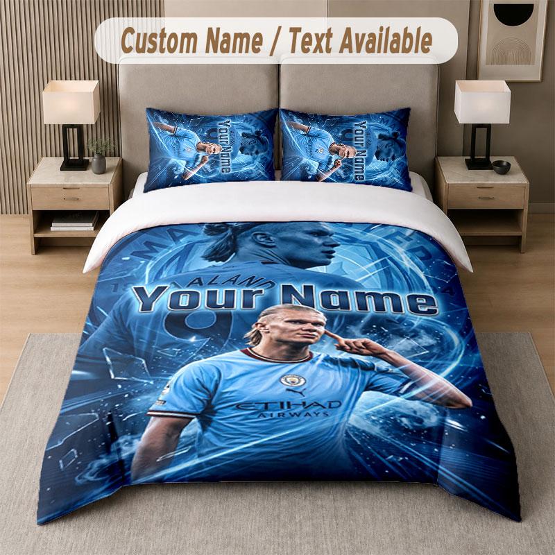 Custom Bedding Set Erling Haaland Pattern, Print Name Text 1 Duvet Cover Plus 2 Pillowcases Home Textile