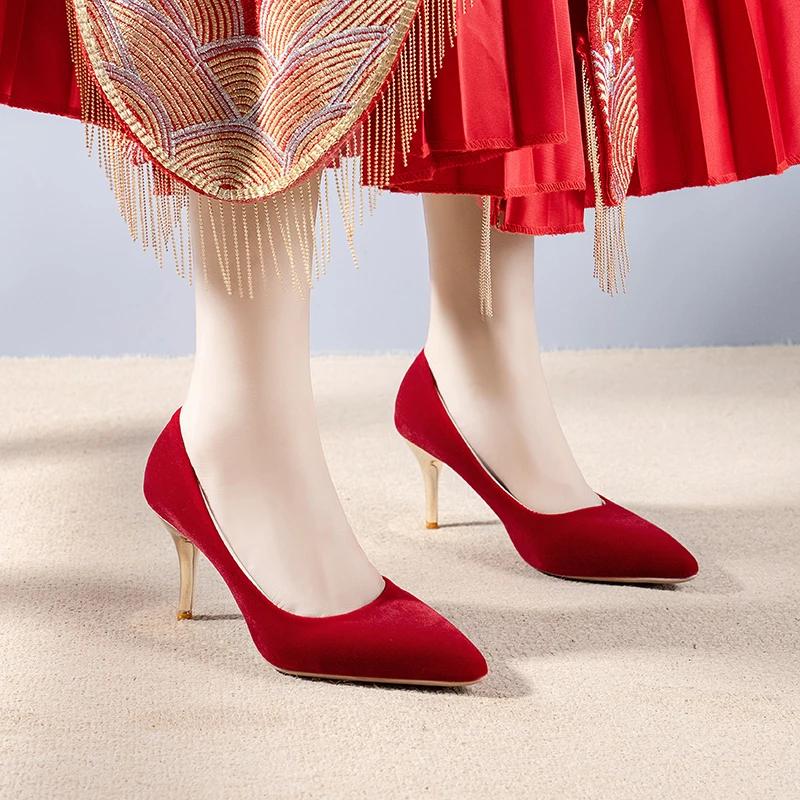 New Retro Wedding Shoes for Women, Red, Daily Wedding, Two High Heels, Thin Heels, Bridal Single Shoes