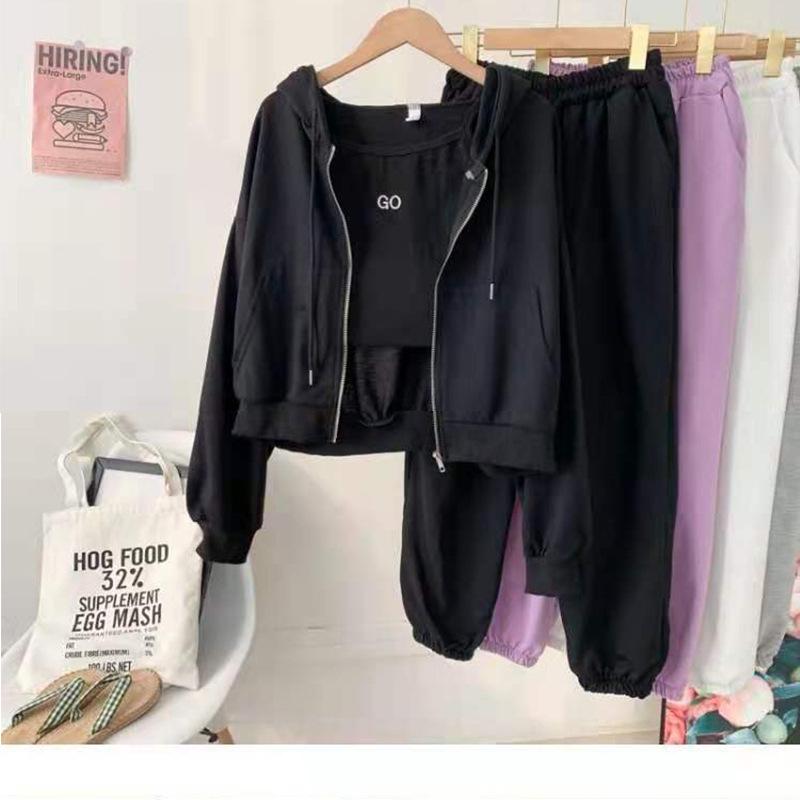 2024 Spring Hong Kong Style Women's Casual Three-Piece Sportswear Set: Long Pants, Zipper Hoodie, Camisole.