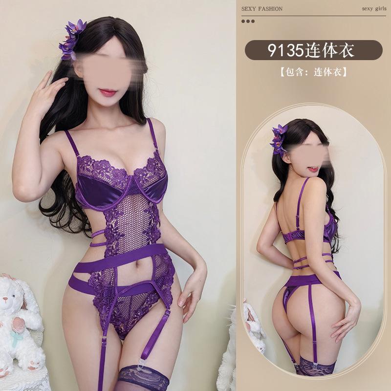 Fun underwear purple suspender one-piece set lace hollow splicing sexy transparent steel ring gathering