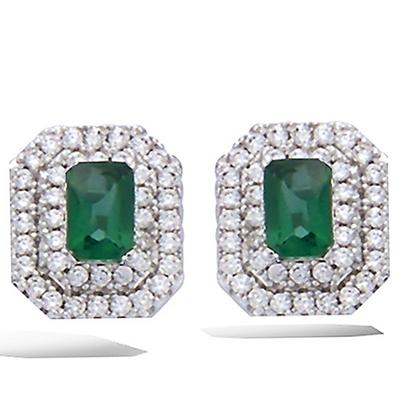 [P1236] - Silver Earrings 'Sissi' Emerald Green White (rhodium Plated) - 10x8 Mm