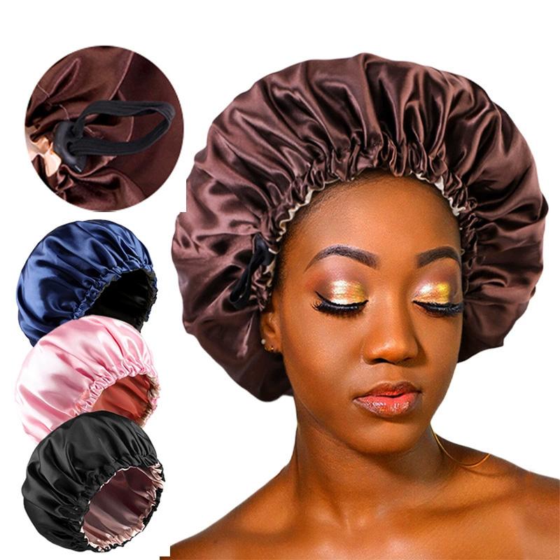 1pc Double Layer Adjustable Satin Bonnet Solid Color Elastic Button for Women Hair Hat Nightcap Silky Satin Fabric