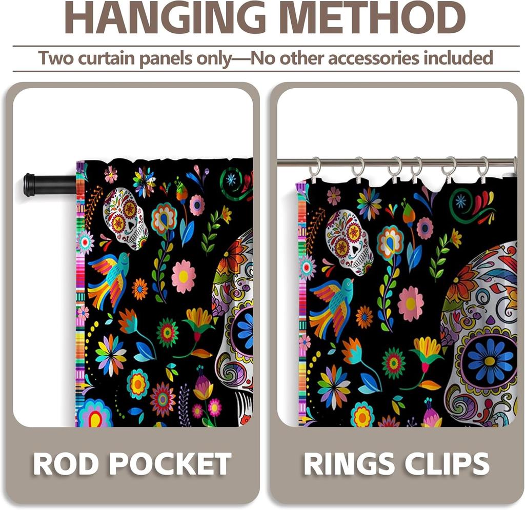 Day of The Dead Curtains for Living Room Mexican Fiesta Sugar Skull Flowers Rod Pocket Window Drapes for Bedroom and Home Decor