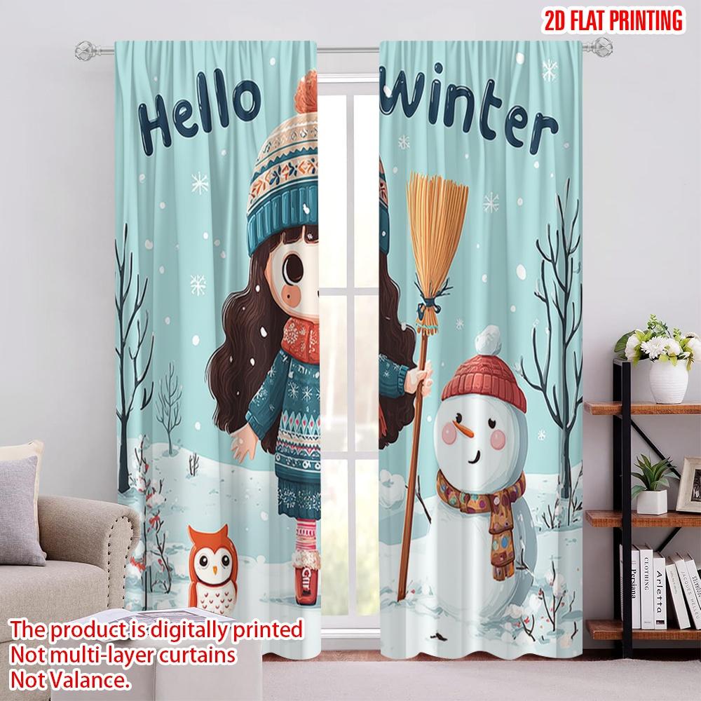 

2pcs,2D plane printing Minimalist Curtains Winter Fun Girl & Snowman Polyester Fabric (without rod) Home Decor Ldeal for Living 52.50 × 116.00 cm 2 pcs