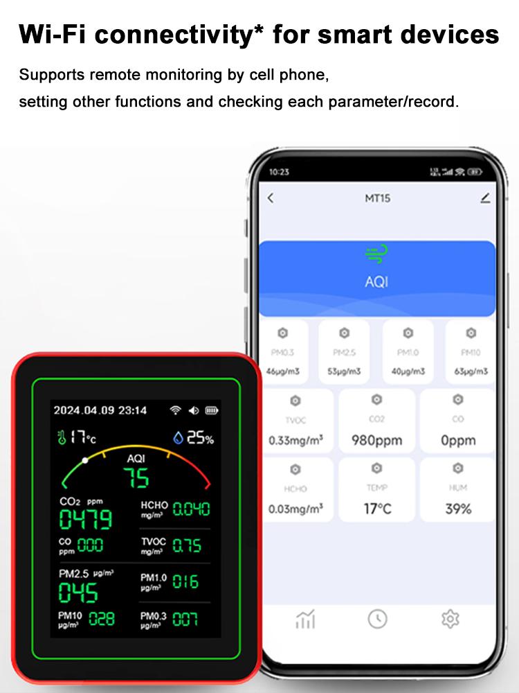 WiFi 15 In 1 Air Quality Detector TFT Display Indoor Air Quality Monitor APP Control Portable AQI PM0.3 PM1.0 PM2.5 PM10 Tester