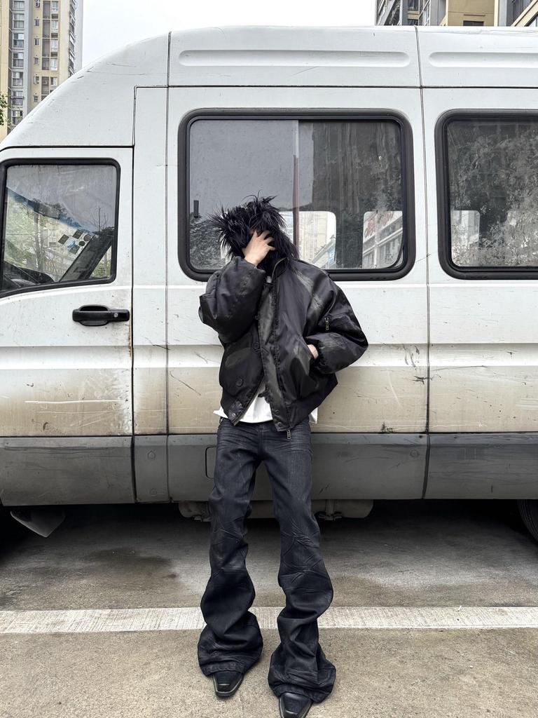 Grailz Distressed Military Bomber Jacket with Fluffy Hood