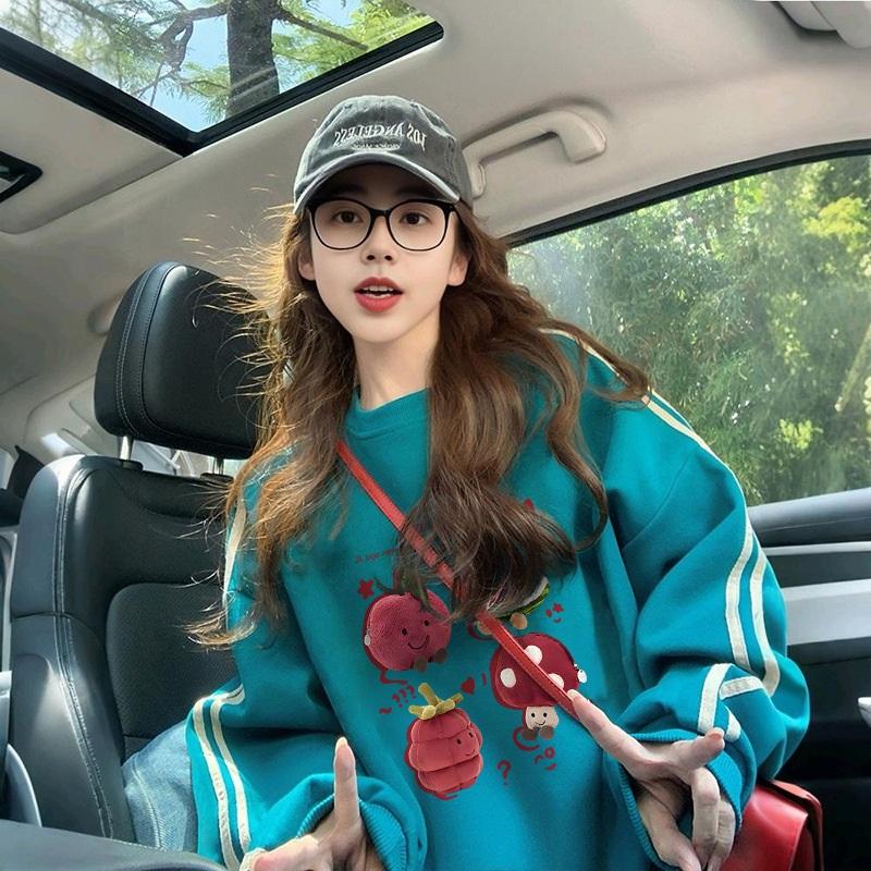 

Oversized Sweatshirt Cute Mushroom Fruit Print Crew Neck Pullover Casual Loose Long Sleeve Top For Spring Fall L синий
