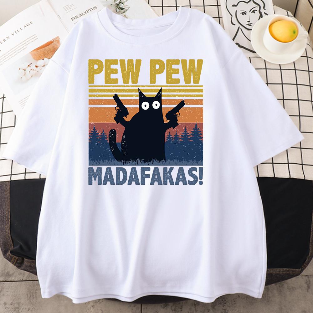 Pew Madafakas Black Cat Print Male Cotton Tee Clothing Personality Vintage Cotton TShirts Casual Trend Tops Unisexs Short Sleeve