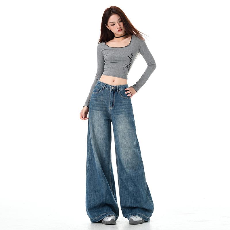Women's Vintage High-Waisted Wide-Leg Jeans - Non-Clingy, Loose Fit for Spring and Autumn