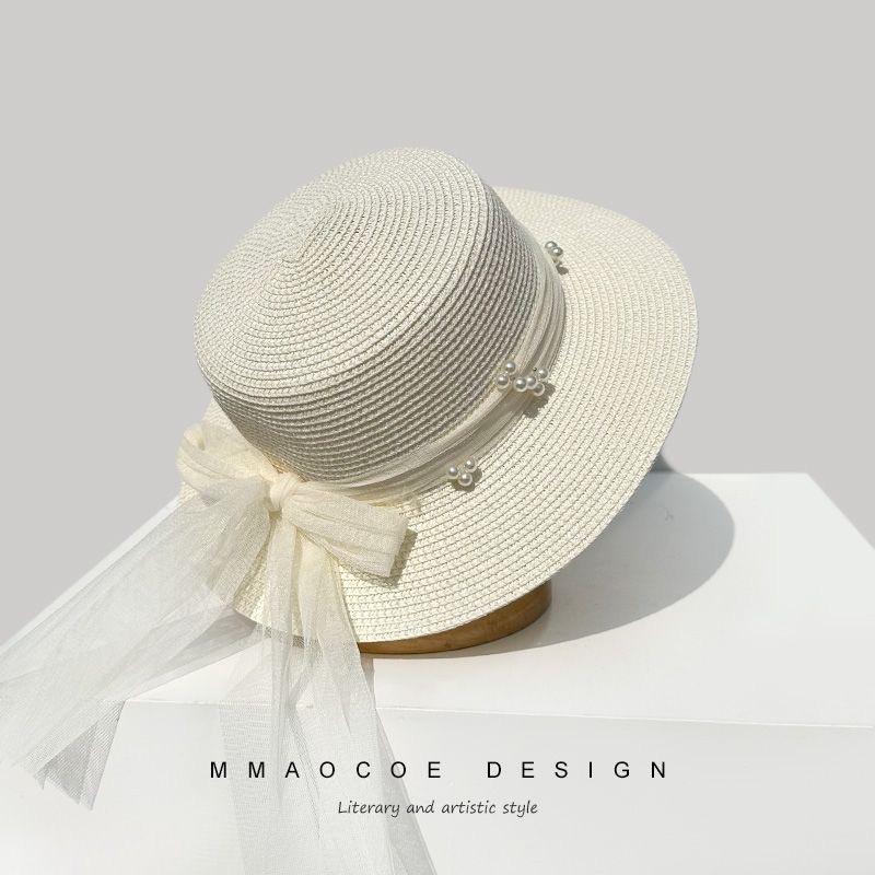 New straw hat women's summer foreign style lace bow sunscreen sun hat outdoor beach hat sunshade straw hat