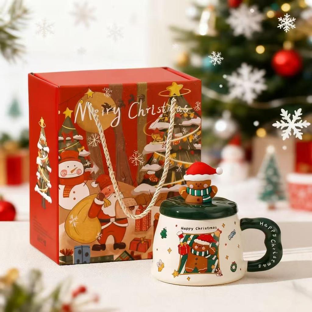 New Christmas Ceramic Cup with Lid Gift Box Cartoon Mug Cute Gingerbread Man Water Cup Set