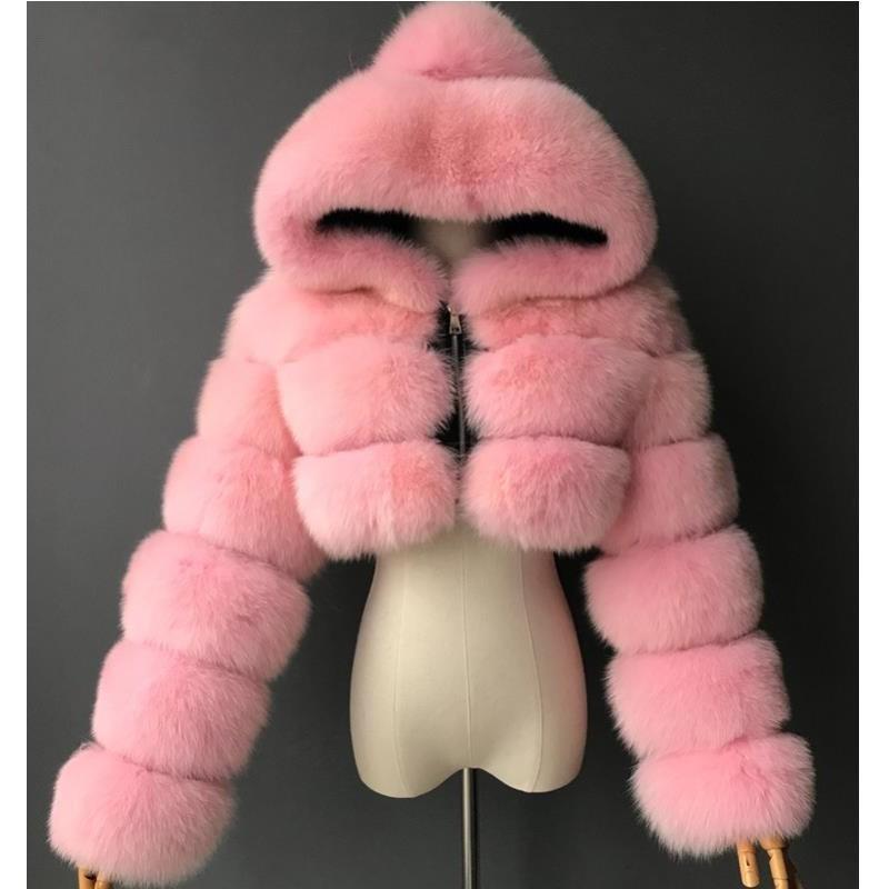Womens Short Faux Fur Coat Hooded Zip Slim Fit Warm Fox Jacket Winter