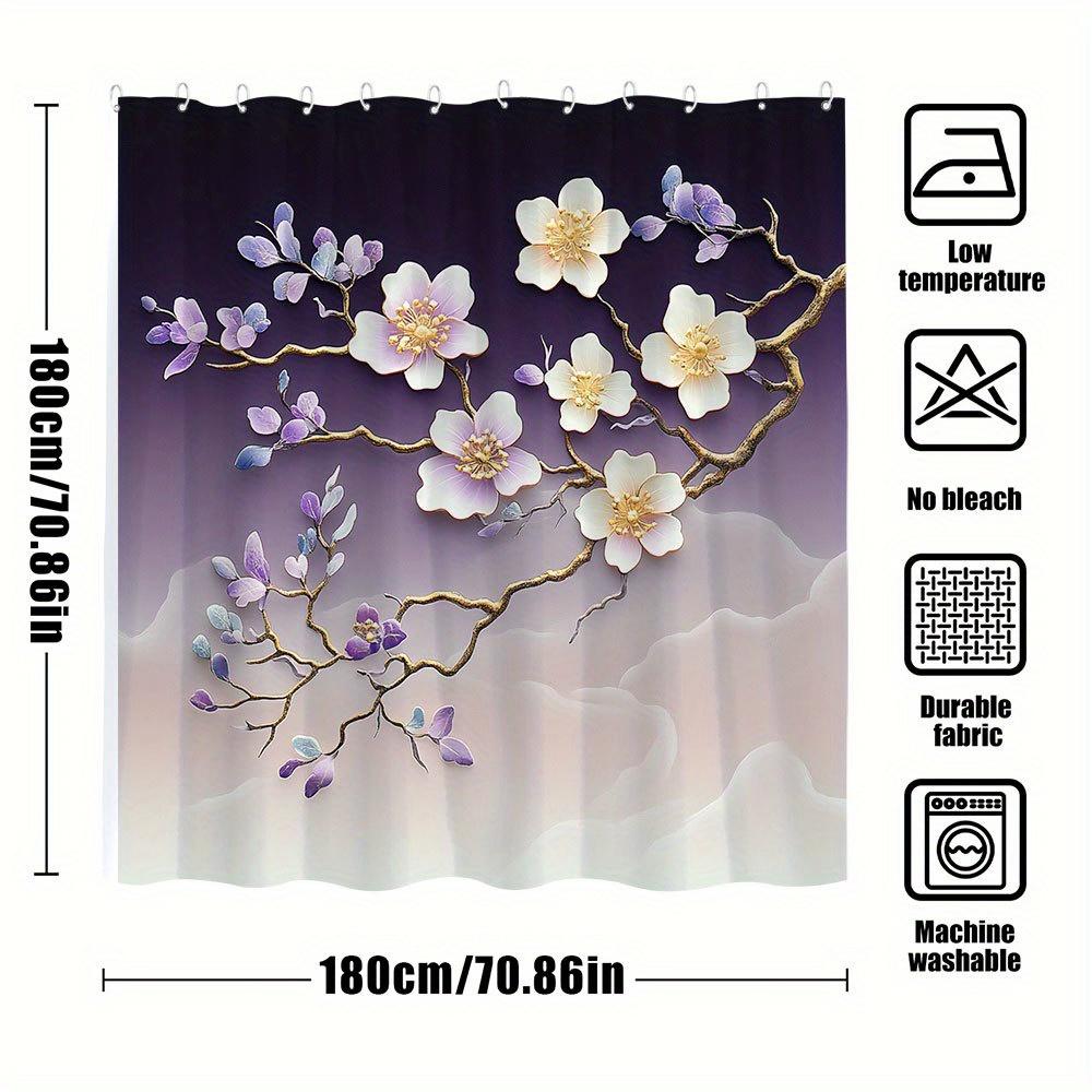 1Pc White Pink Lavender Floral Shower Curtain With Ethereal Golden Branches - Soft Gradient Polyester Bathroom Decor 70X70 Inche