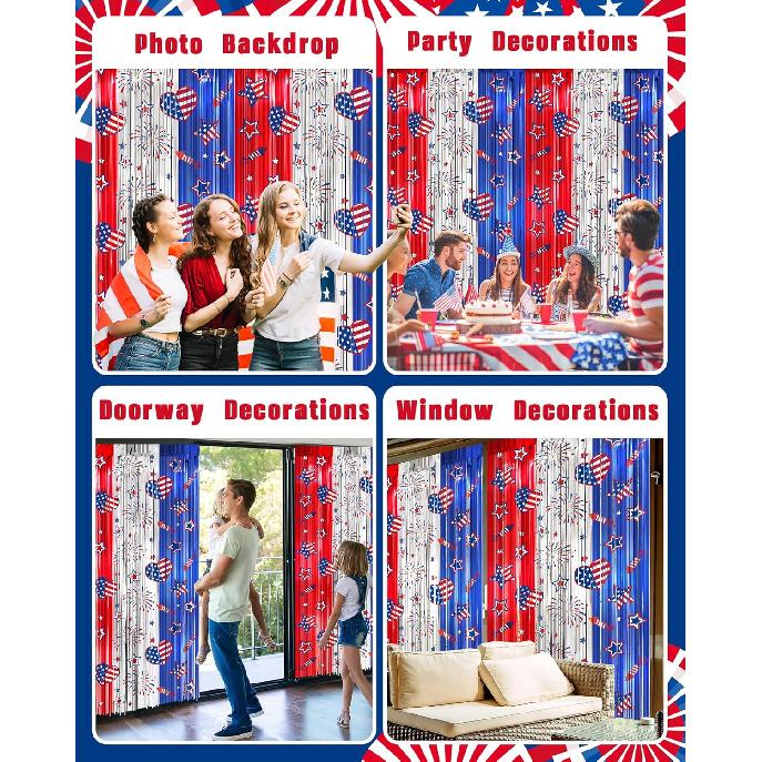 4th of July Decorations Foil Fringe Curta for Memorial Day, 2 Pack Fourth of July Decor Party Backdrop Red White and Blue Tel Streamer, Patriotic
