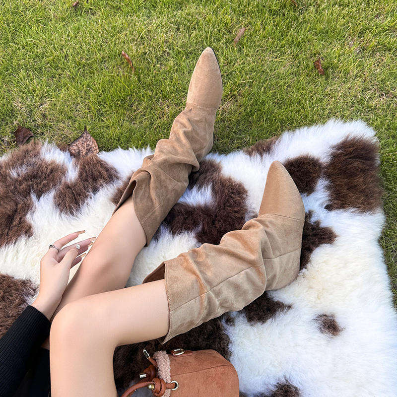 Inner Heightening Suede Pleated Stacking Boots Women's Autumn and Winter New Pointed Western Cowboy Boots Lapel Mid Boots Women's