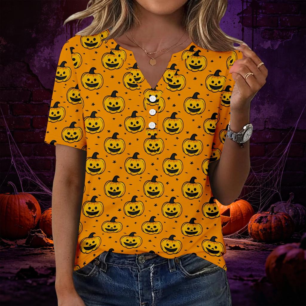Women V Neck Short Sleeve T Shirt with Decorative Buttons Halloween Print Casual Loose Fit Top for Everyday Wear