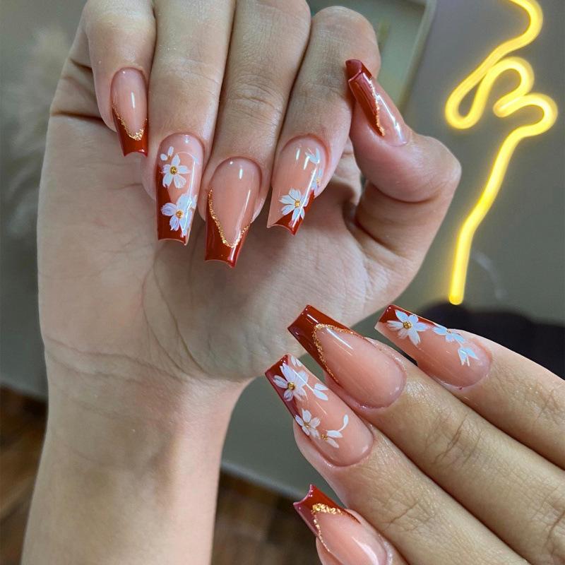 24PCS Gold Foil Medium-Length Nail Art Tips with Painted Cute Flowers and Red French Design