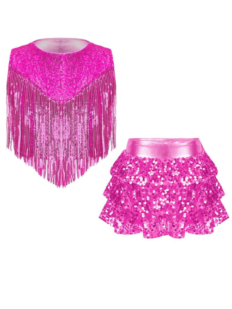 Girls Disco Dance Costume Set Metallic Gloss Sequins Sleeveless Top Tassels Tiered Ruffle Skirted Shorts