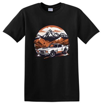 Vintage Muscle Car Mountain Landscape T Shirt Adventure Tee for Outdoor Lovers