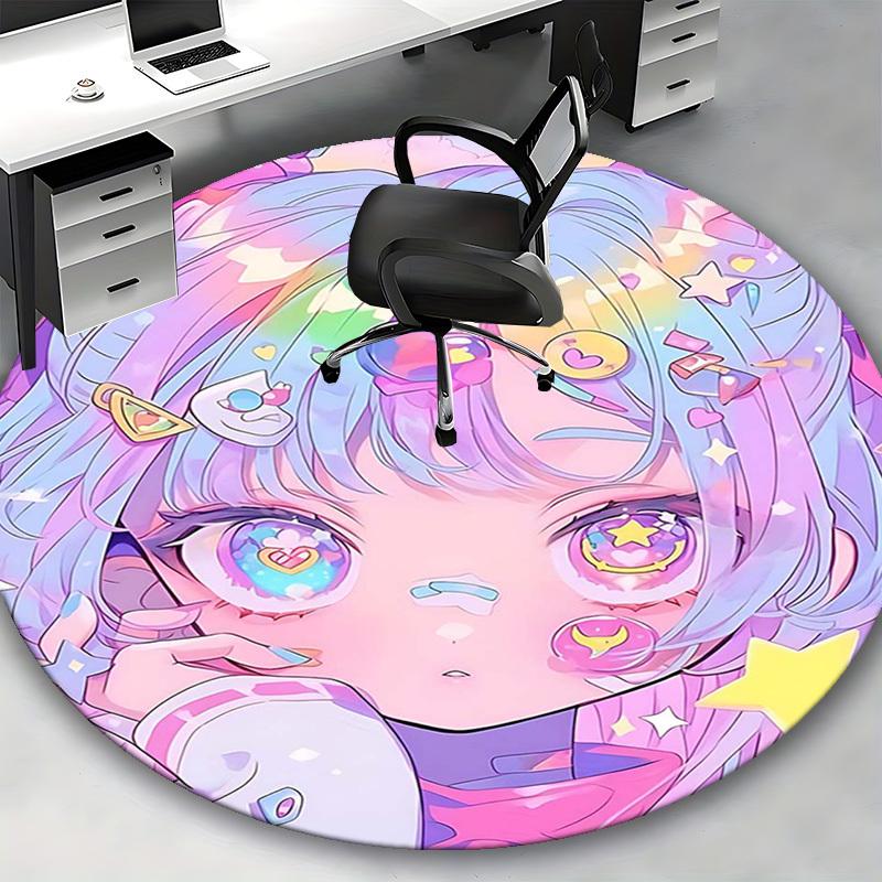 1pc Anime Design Round Carpet Cute Girl with Heart Glasses Chair Mat for Office, Home Decor, Living Room, Bedroom, Game Room Festival Gift