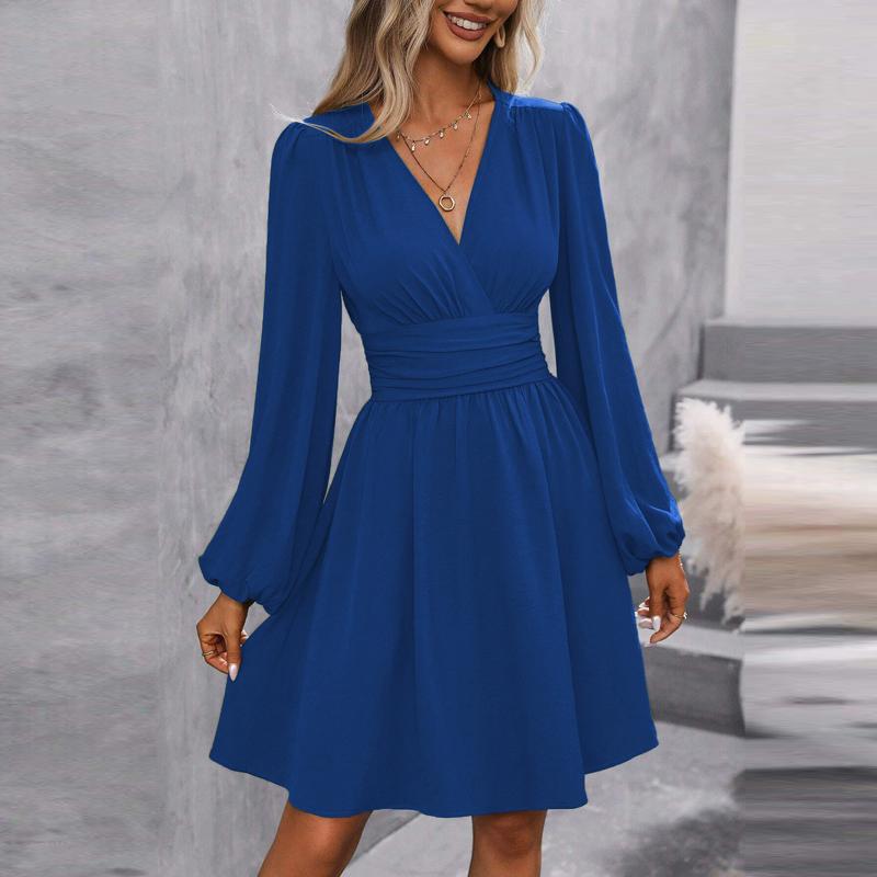 Spring Summer Women's Dress Solid Color Chest Wrapping V-Neck Lantern Sleeve Dress Women's Clothing