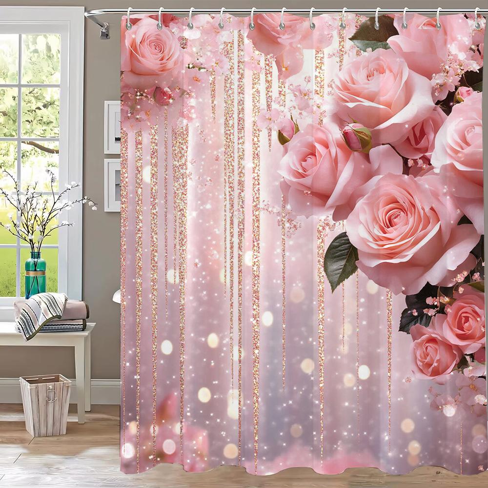 Pink Flower Shower Curtain For Women Bridal Wedding, Pink Flowers Romantic Suitable For Girls Hanging Curtain With Hooks