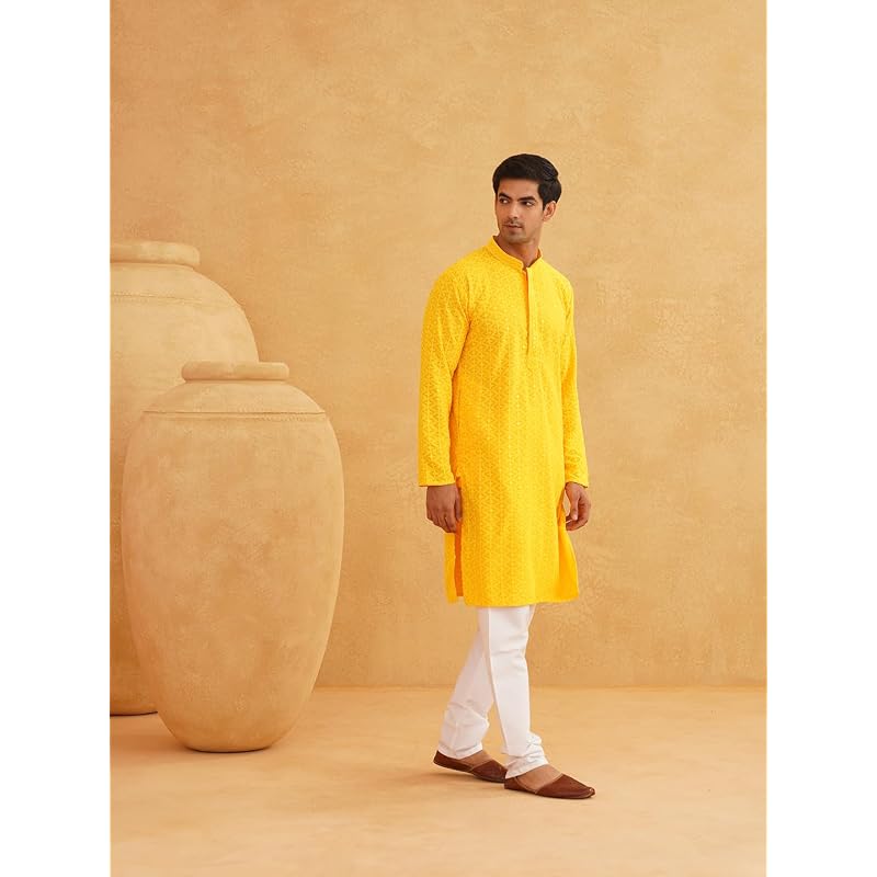 SOJANYA (Since 1958 Men' Pure Cotton Mustard Embroidered Sequined Kurta