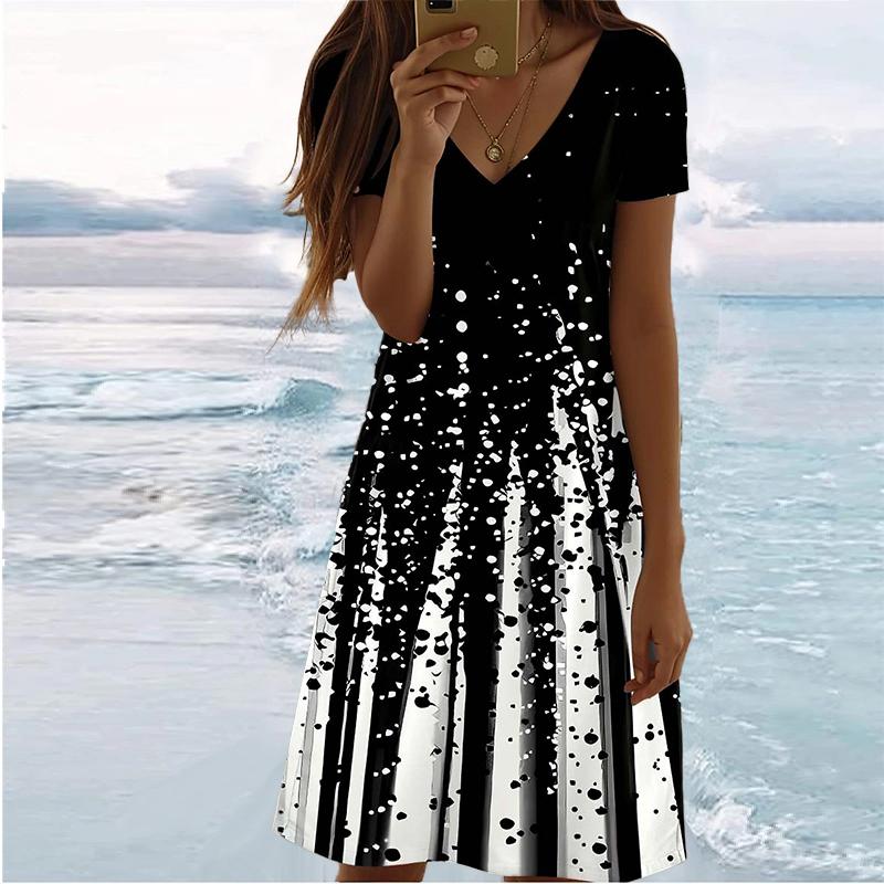 

Летняя мода женские V-образный вырез короткий рукав красивые цветы принтованные платья сексуальные короткие юбки платья L чёрный