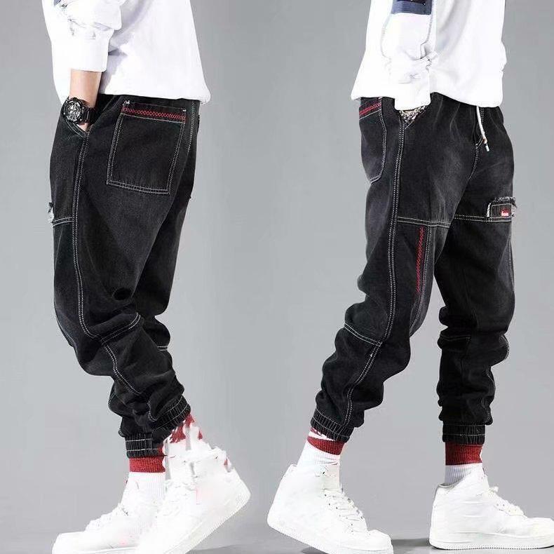 Pantaloni cargo hip hop streetwear neri blu da uomo, jeans larghi elastici da uomo, pantaloni da jogging sportivi da uomo, moda coreana, con fascia alla caviglia in denim