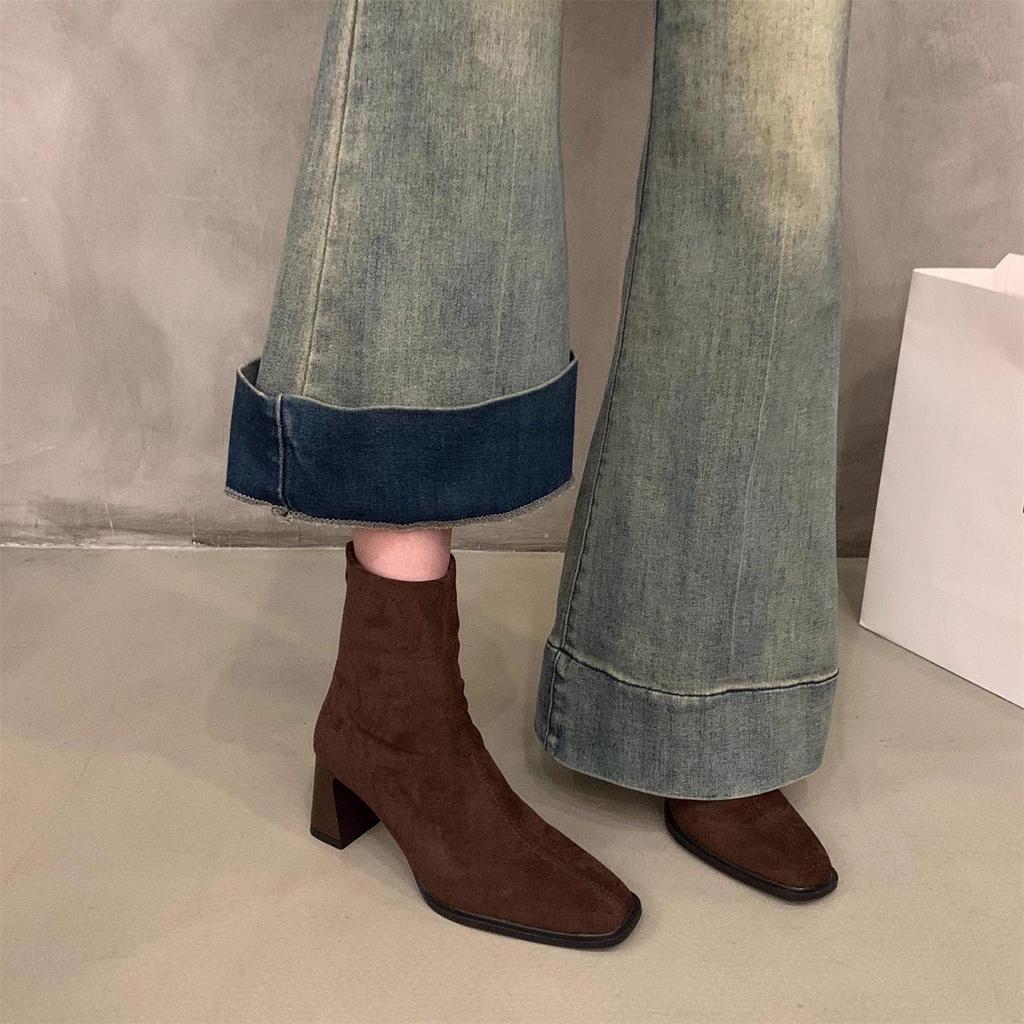 2025 Korean Style Suede Ankle Boots: Women's High Heel, Square Toe, Velvet Lined, Autumn/Winter Slimming Martin Boots
