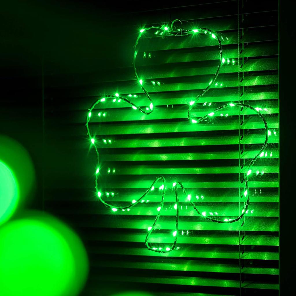 1 Set Lighted Window Decoration for St. Patrick's Day, 15.8 Inch 40 LED Irish Green Clover Shamrock Shaped LED with Iron Frame, Battery Operated