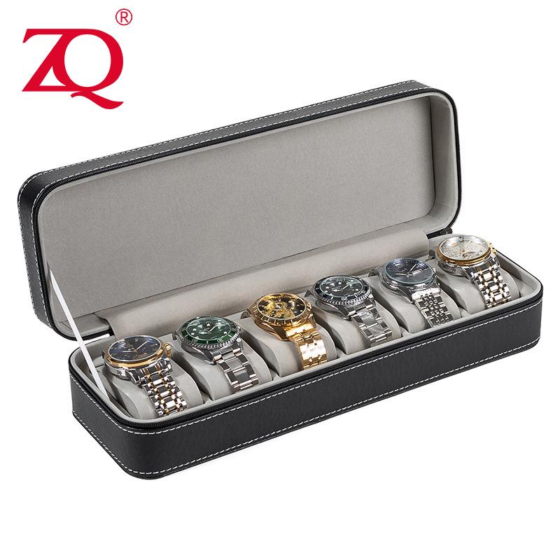 Portable Black and Blue-Gray Leather Zipper Watch Box with 6, 10, or 12 Slots - Flip-Top Jewelry Storage
