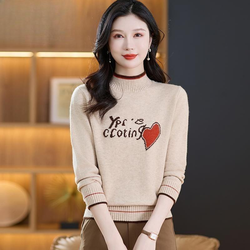 

Women s Thickened Wool Sweater Autumn Winter Half-High Neck Printed Wool Sweater Loose Knit Pullover Top S