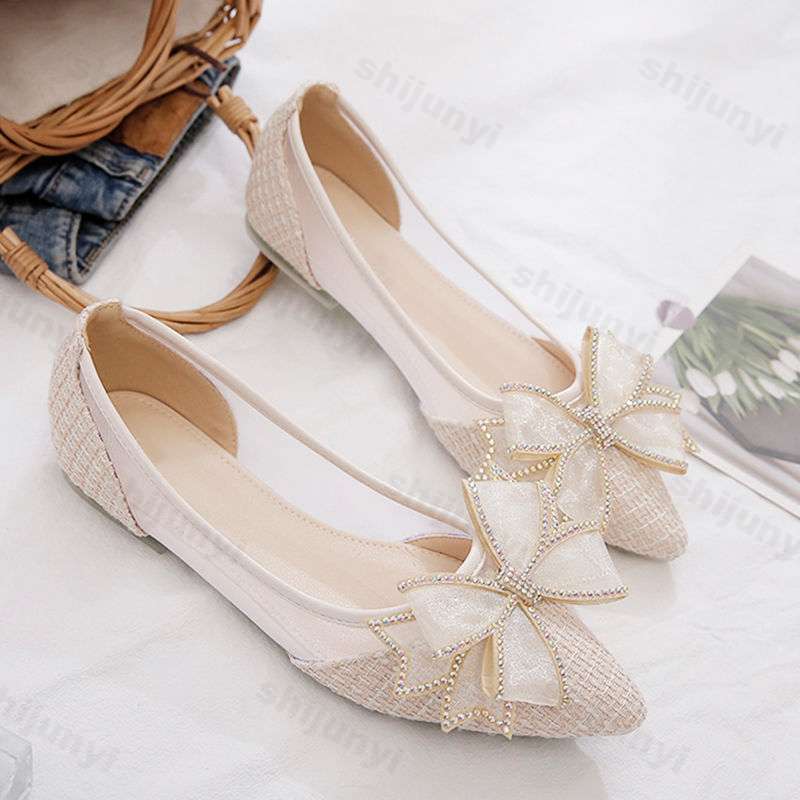 Fashion 2025 Summer Breathable Flat Heel Women's Scoop Shoes New Korean Edition Butterfly Knot Designed Mesh Pointed Casual Single Shoes